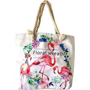 Strandtas met Print - Floral en Flamingo - Canvas - 44 x33 cm