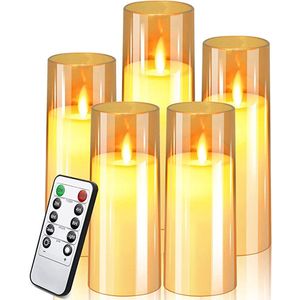LED-kaarsen - met afstandsbediening en timer - LED-knipperende kaarsen van plexiglas met bewegende vlammen, 5 stuks -Goud