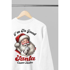 Foute kersttrui - I'm soo good santa came twice - Wurban Wear | 18+ | Grappige sweater | Leuk cadeau | Unisex sweater | Oversized sweater | Kersttrui heren | Foute kerstkleding | Kerst sweater | Kersttrui dames | Foute kersttruiendag 2025 | Wit