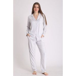 Katoen-Satijn Dames Pyjamaset Wit/Grijs Gestreept Maat S