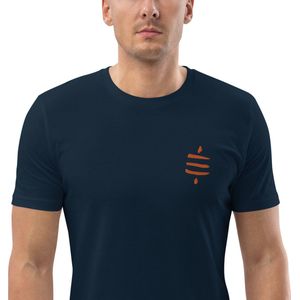 Satoshi SATS Symbool - Bitcoin T-shirt - Oranje Geborduurd - Unisex - 100% Biologisch Katoen - Kleur Marine Blauw - Maat 2XL | Bitcoin cadeau| Crypto cadeau| Bitcoin T-shirt| Crypto T-shirt| Bitcoin Shirt| Bitcoin Merchandise| Bitcoin Kleding