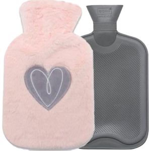 Waterkruik met Roze Plushe Hoes en Grijs Hartje - Tot 6 uur warmte - Heerlijk zacht - Veilige Warmwaterkruik - 1,0 liter -Mooi Cadeau voor Valentijn F14