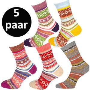 Teckel - 5 paar - Warme Wollen Winter Sokken - Noorse print - Maat 36/42 - Dames - Geel/Beige/L.Paars/D.Paars/L.Grijs - Cadeau tip tijdens feestdagen