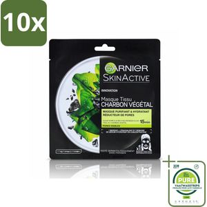 10 x Garnier - SkinActive - Tissue Masker - Charcoal - 1 Gezichtsmasker - Grootverpakking - Huid Masker - Houtskool Masker - Reinigende Masker - Hydraterend Masker - Poriën Vermindering