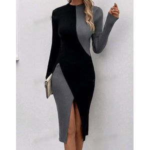 Sexy elegante corrigerende prachtige zwart met grijs stretch trui jurk maat L