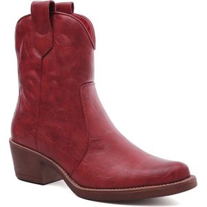 SmileFavorites® Dames Cowboylaarzen met Hak Kort - Rood - Imitatieleer - Maat 38