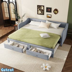 Gutent Slaapbank - 90x200 cm- Uitschuifbed met twee laden- Geen matras- Linnen- Grijs
