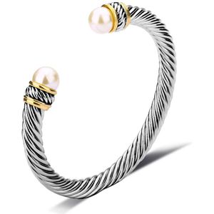 Quiges - Open Bangle Armband - Twisted Kabel met Faux Parels - UNY004