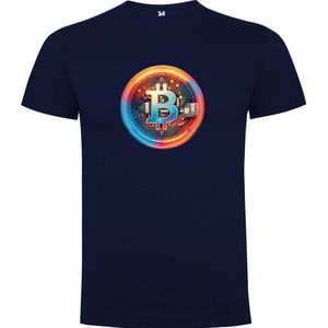 Donker Blauw T-Shirt met “Kleurrijke Bitcoin“ Print Full Color Maat S