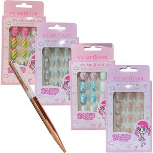 Kinder Plaknagels | 4 x 12 Stuks | Valse Nagels | Geen Lijm Nodig | Turquoise