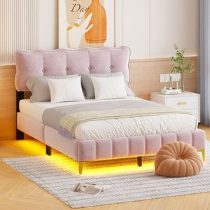 Sweiko Gestoffeerd bed 140 x 200 cm, jeugdbed, tweepersoonsbed met LED verlichting met rugleuning met roosterframe fluwelen stof metalen voeten Roze (matras niet inbegrepen)