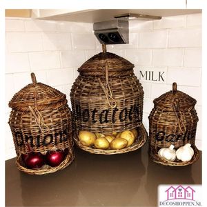 Rieten Keukenset 3-delig - Aardappelmand, Uienmand & Knoflookmand - Srimit Grey Riet - Landelijke Stijl - Decoshoppen.nl