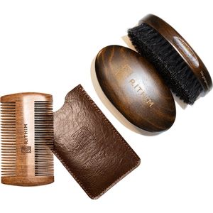 Rithim® Baardborstel & Baardkam Set – Natuurlijke Zwijnenhaar – Kersenhout – Inclusief Etui