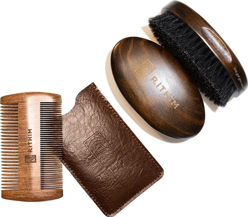 Rithim® Baardborstel & Baardkam Set – Natuurlijke Zwijnenhaar – Kersenhout – Inclusief Etui