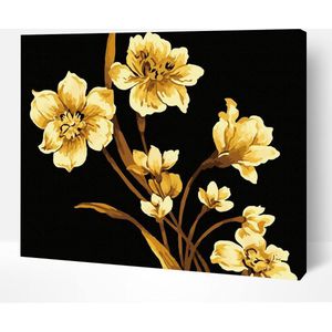 Schilderen Op Nummer Volwassenen DIY Paint By Number Compleet Hobby Pakket op Frame met Vernis - ®Arty Bee - Golden Flowers - 50x40cm