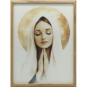 Gebed van Onze-Lieve-Vrouw met een Gouden Halo, 30x40 cm, donkerbruine houten lijst, mat papier 230 gsm