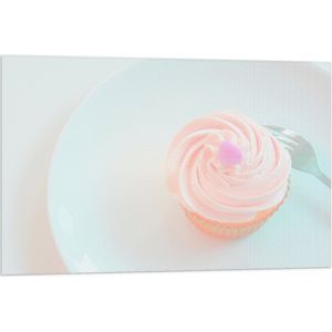 Vlag - Roze Cupcake op Bordje met Vork - 90x60 cm Foto op Polyester Vlag