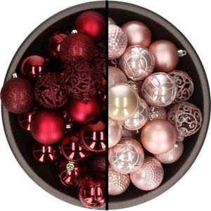 Bellatio Decorations Kerstballen mix - 74-delig - donkerrood en lichtroze - 6 cm - kunststof