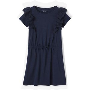 Jurk - Ruches - Meisjesjurk - Marineblauw - Gevlamd Katoenjersey