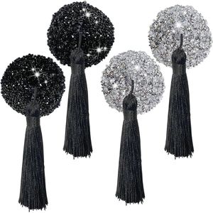 Tepelafdekkingen van waterdiamanten met zelfklevende franjes - 2 paar bliksemstickers - Zwart en zilver 5 cm