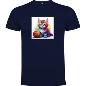 Donker Blauw T-Shirt met “ Kleurrijke Kitten met bol wol“ Print Full Color maat 128 7/8 jaar