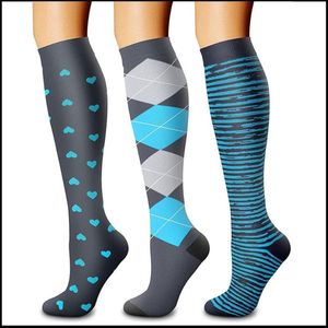 3-compressie sokken voor vrouwen - Sportcompressiekousen - Lange compressiekousen voor dames - vrouwen compressiekousen - Rekbare compressiekousen - voor hardlopen, atletische, reizen-Blauw hart/blauw raster/blauw patroon-S/M