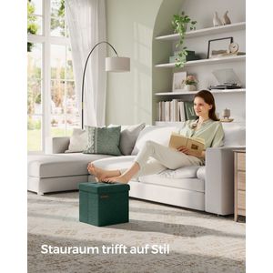 Vintage Groene Zitkist - Opbergpoef - Voetensteun - MDF Imitatielinnen - 25D Schuim - 30cm x 30cm x 30cm - 1,6kg - 130kg Capaciteit