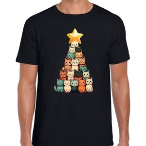 Bellatio Decorations Kerst T-shirt voor heren - kerstboom van kat/poes - zwart - kerstkatjes - Kerstmis S