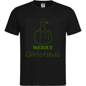 T-shirt Unisex Volwassenen Kerst Kerstmis Man Vrouw Grappig Tekst ""Merry Christmas met middelvinger"" Op Voorkant | korte mouw | Zwart/Groen | maat S