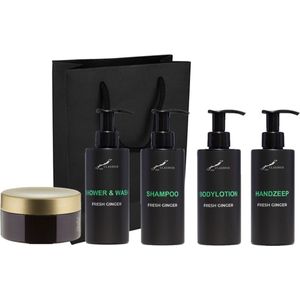 Compleet pakket Fresh Ginger - Shower & Wash + Shampoo + Bodylotion + Handzeep + Scrubzout 300 gram - 300 ml per fles - complete set van 5 stuks - met luxe gift tas - cadeau - giftset voor hem en haar