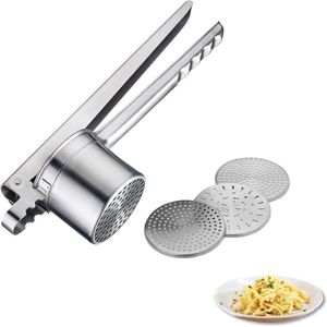 Aardappelpers, met 4 verwisselbare geperforeerde schijven, roestvrij staal, lengte: 35 cm, zilver. Aardappelpers, met 4 verwisselbare geperforeerde schijven, gemaakt van roestvrij staal, lengte: 35 cm, zilver