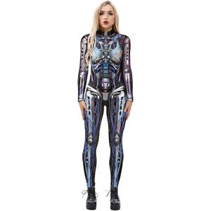 Dames Halloween Skelet Kostuum - Stretch Skinny Jumpsuit Bodysuit