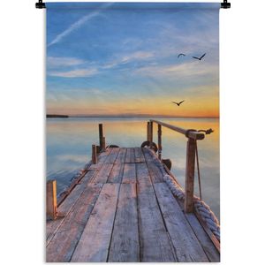 Wandkleed - Wanddoek - Water - Steiger - Vogels - Zonsondergang - Horizon - 60x90 cm - Wandtapijt