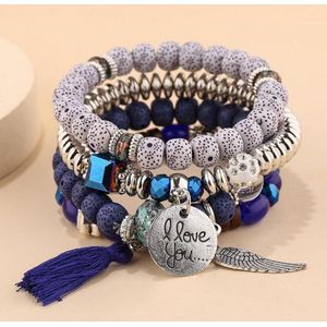 Akyol - I love you armband – Blauw/Wit – Handgemaakte armband – Boho armband – Vriendschapsarmband – Kralenarmband –Leuk cadeau– 4-laags – Armbanden set