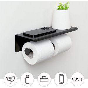 Auralum max WC Rolhouder - Met Bakje - Toiletrolhouder - Boren - Zelfklevend - Zwart - Met plankje - WC Papier houder - Toilet Papier Houder