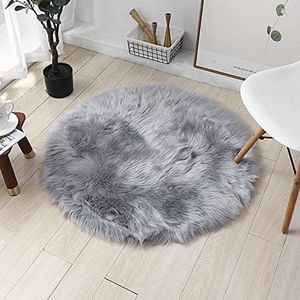 Imitatie lamsvacht, tapijt, langharig, imitatiebont, wol, voor het bed van de bank (90 cm, rond, grijs)