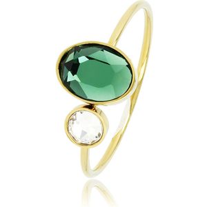 My Bendel Ring goudkleurig met groene en kristal glassteen - Fijne aanschuifring met groene en kristal glassteen, gemaakt van mooi blijvend edelstaal - Met luxe cadeauverpakking