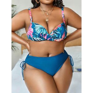 Plus Size Sexy Bikini Set- 2 delig- Gedetailleerde bikini set- Stijlvolle Bikini Set voor vrouwen met broekje- Push-up Beugel bikini top- Dames Badpak Badmode Tankini 348- Blauw groen meerkleurig- Maat 4XL