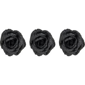 4x stuks decoratie bloemen roos zwart glitter op clip 15 cm - Decoratiebloemen/kerstboomversiering/kerstversiering