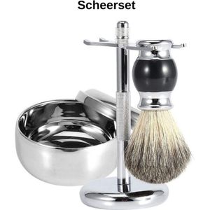 Complete Scheerset - Vaderdag Cadeau - RVS Scheerkom - Scheerkwast - Scheermeshouder - Badkamer Set - Scheerspullen