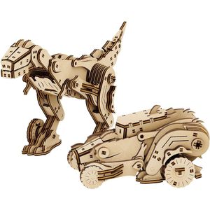 Mr. Playwood Transformer ""Dinocar"" - 3D houten puzzel - Bouwpakket hout - DIY - Knutselen - Miniatuur - 206 onderdelen