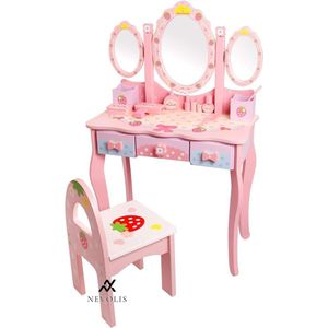 Nevolis Kids Vanity Table Set with Stool & Mirror for Girls Makeup Vanity Table Set Wooden Drawer for 345678 Year Old Child Girl - Pink .