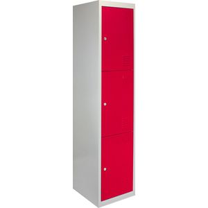 Lockerkast Metaal - Rood - Driedeurs -  90cm(b)x45cm(d)x180cm(h) - Ventilatie - 2 GRATIS magneten - Slot + Sleutels - lockers kluisjes