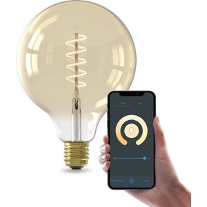 Calex Slimme LED Lamp - E27 - Wifi Verlichting - Spiraal Filament - Globe 12.5cm - Smart Lichtbron Goud - Dimbaar - Warm Wit licht - 7W
