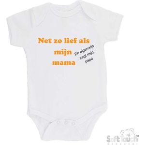 100% katoenen Romper ""Net zo lief als mijn mama en eigenwijs zegt mijn papa"" Unisex Katoen Wit/mosterd/zwart Maat 56/62