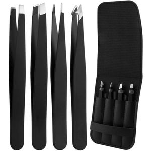Professional tweezers set, 4 pieces, high-quality precision tweezers made of stainless steel for eyebrow pen, facial hair removal and splinter removal