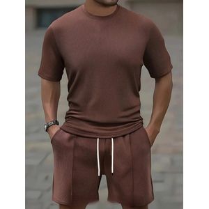2 delige wafel structuur zomer set heren korte broek short met t shirt bruin maat XXL
