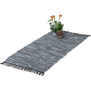 Relaxdays vloerkleed - leder en katoen - tapijt - antislip - chill mat - lappen - franjes - Grijs, 70x140cm