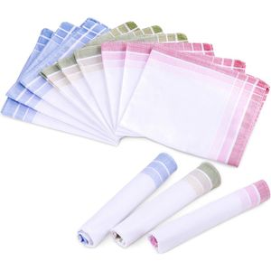 JEMIDI dames- en herenzakdoeken 100% katoen - 28,5 x 28,5 cm - Combinatie van wit met groen, roze of blauw - Set van 12 - Herbruikbare zakdoeken