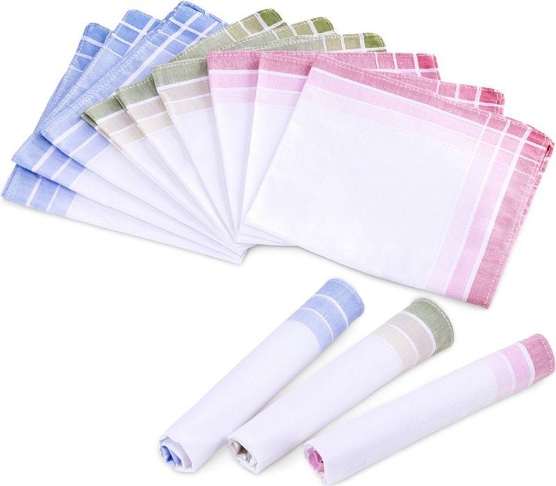 Zakdoeken - Katoen - 12 Stuks - Wit/Blauw, Wit/Groen, Wit/Roze